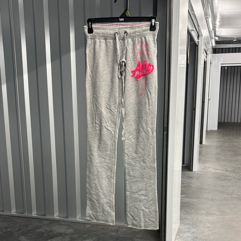 Aeropostale Light Gray Sweat Pants Bright Pink Logo 87 Aero Elastic Drawstring